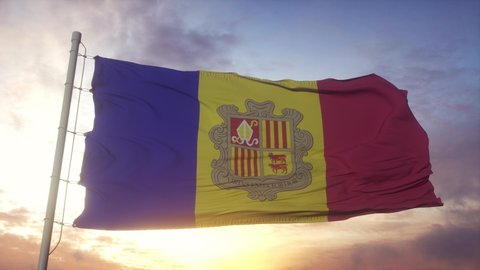 Flag of Andorra waving in the wind, sky and sun background