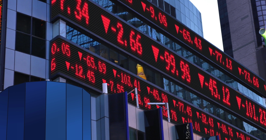 A view of a down stock market ticker. Numbers are fictional and do not represent any particular stock.	