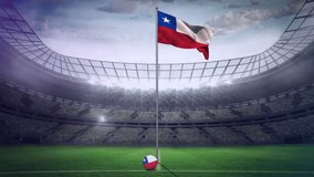 Animation of snow falling over flag of chile at sports stadium. sport, weather, achievement and competition concept, digitally generated video.
