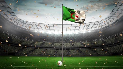 Animation of gold confetti falling over flag of algeria at sports stadium. sport, victory, achievement, competition and celebration concept, digitally generated video.