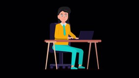 Animation of angry woman sitting on her desk and typing on keyboard. Looped animation with transparent background. A cartoon girl works remotely with laptop. Female freelancer 