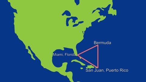 Famous Bermuda triangle marked with animated line, city name map. slowly appears hinting the approximate spot of mysterious disappearing and ship disasters over the years.