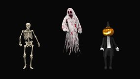 Halloween day. Ghost character bone dancing. 3d rendering, realistic CGI,3d mapping cartoon, Included in the end of the clip with Alpha channel