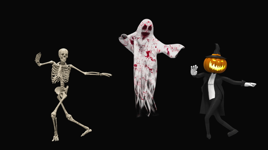 Halloween day. Ghost character bone dancing. 3d rendering, realistic CGI,3d mapping cartoon, Included in the end of the clip with Alpha channel Royalty-Free Stock Footage #1076394164