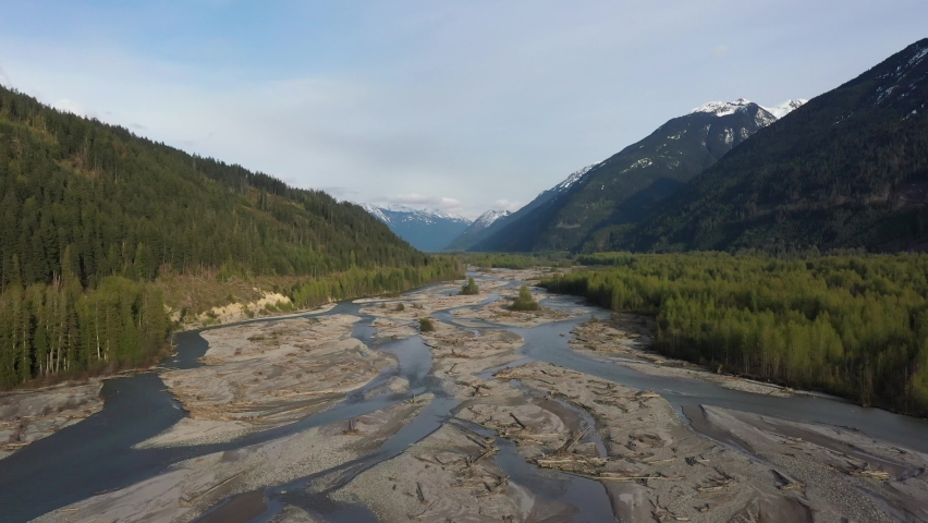 Magnificent aerial view of the river in Pemberton meadows, British Columbia