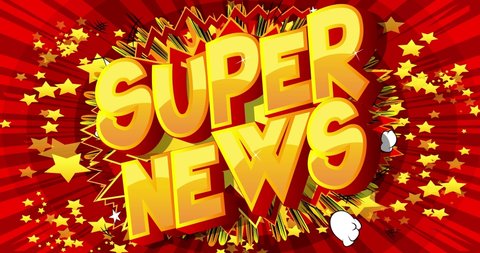 4k animated Super News text on comic book background with changing colors. Retro pop art comic style social media post, motion poster.