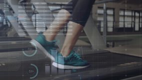 Animation of network of connections and data processing over fit woman exercising in gym. global sports, fitness, data processing and digital interface concept digitally generated video.