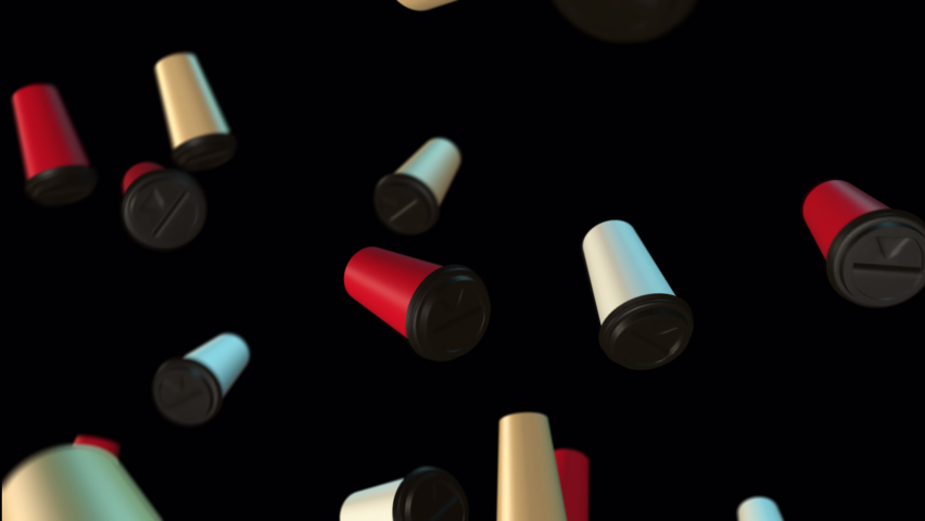 Background of three colored coffee cups. 3d abstract rendering with bright lights and shadows. Cyclic They circle in zero gravity. Isolate. Loop. The alpha channel. Red yellow white