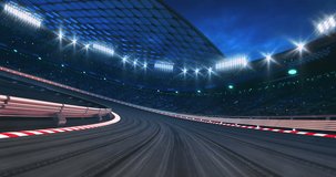 Tyre tracks on asphalt racing circuit and illuminated race sport stadium at night. Professional racing sport 4k loop animation.