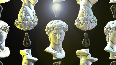 Animation Multiple background of Greek bust with idea lamps. Animation Greek philosophers background with idea light bulb lamps. Imagination of greek people and lamps. Animation idea Art background 