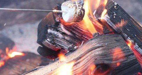 Slow motion clip of a marshmallow being roasted over a camp fire.