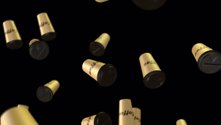 Background of three colored coffee cups. 3d abstract rendering with bright lights and shadows. Cyclic They circle in zero gravity. Isolate. Loop. The alpha channel. craft paper