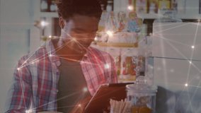 Animation of network of connections over businessman using tablet. global business, connections, data processing and technology concept digitally generated video. - Powered by Shutterstock - Get 15% off with code: PIKWIZARD15