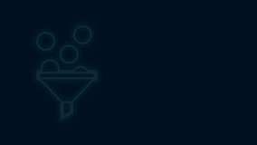 Glowing neon line Lead management icon isolated on black background. Funnel with money. Target client business concept. 4K Video motion graphic animation .