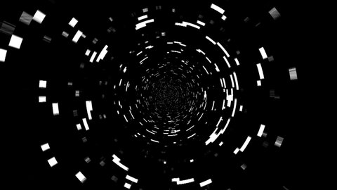 Hypnosis of flickering light particles flying in space. Abstract repeating flicker of swirl in a tunnel. 