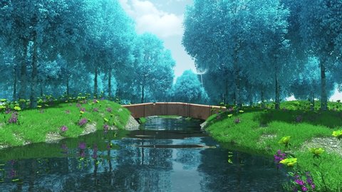 River Landscape with Blue Trees and Flowers Loop Motion Background