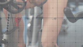 Animation of digital interface with squares over woman exercising in gym. fitness, wellbeing and data processing concept digitally generated video.