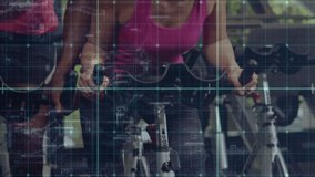 Animation of digital interface with squares over people exercising in gym. fitness, wellbeing and data processing concept digitally generated video.