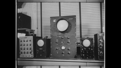 1930s Upper Montclair, NJ. Product Line of Cathode-Ray Oscilloscopes developed by Dumont Laboratories . 4K Overscan of Vintage Archival 16mm Film Print 