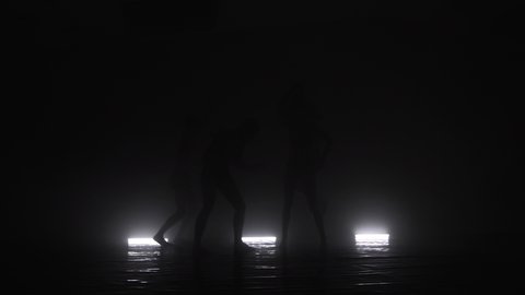 Modern ballet dancers performing together on dark stage. Silhouettes of four performers with smoke in the air.
