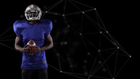 American football player holding ball over network of connections. global sports, fitness, science and data processing concept digitally generated video.