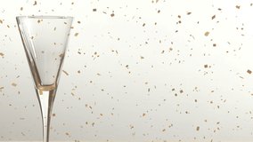 Animation of confetti falling over champagne glass on white background. party and celebration concept digitally generated video.