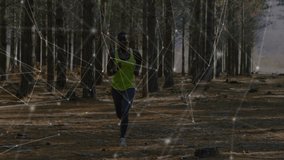 Animation of network of connections over woman running exercising in forest. global connections, fitness, wellbeing concept digitally generated video.