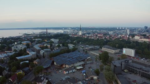 Aerial view of the Tallinn Baltic Station, the main railway station in Tallinn, and nearby renovated market hall.