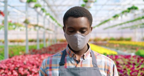 Close up portrait of happy African American handsome male florist in mask standing in garden center holding yellow flower plants looking at camera. Flower shop owner. Covid quarantine. Floral business