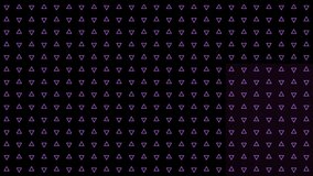 Animation of floating curved white line panels, over grid of turning purple triangles, on black. global communication network and digital interface background concept digitally generated video.