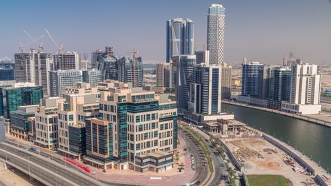 Bay Square district timelapse with mixed use and low rise complex office buildings located in Business Bay in Dubai