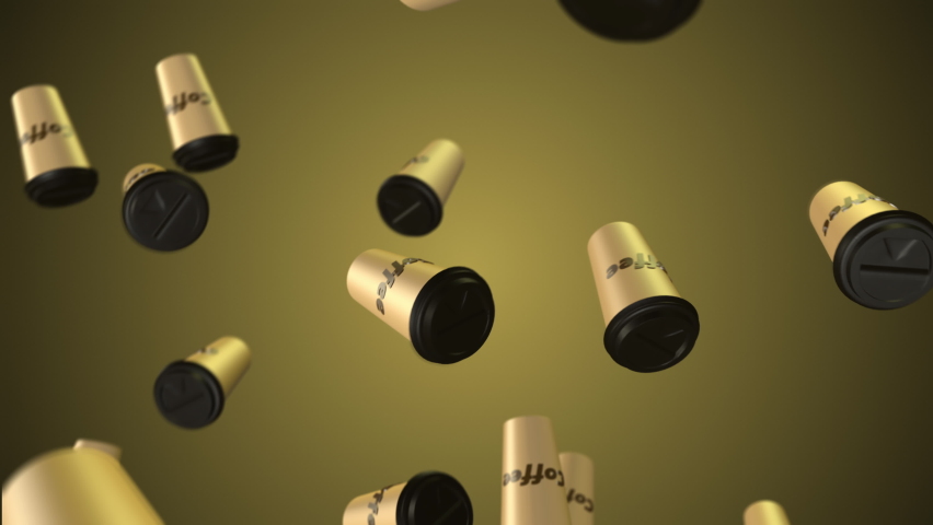 Three colored coffee cups background. 3d abstract render with bright light and shadows. Coffee cups pattern. Loopable animation. yellow white. Loop