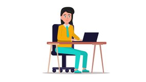 Animation of happy woman sitting on her desk and typing on keyboard. Looped animation with white background. A cartoon girl works remotely with laptop. Female freelancer in the office working online.