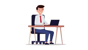 Animation of happy man sitting on his desk and typing on keyboard. Looped animation with white background. A cartoon guy works remotely with laptop. Male freelancer in the office working online.