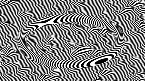 Black and white stripes waving surface with torus on top of it. Modern isometric background loop animation. 3D rendering.