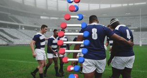 Animation of dna strand over male rugby players at stadium. sport and competition concept digitally generated video.