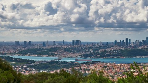 Aerial panorama time lapse of a beautiful cloudy and windy summer day in Istanbul. Bosphorus Bridge (15 Temmuz Bridge) from Camlica Hill, Istanbul, Turkey. Crop version