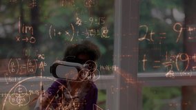 Animation of mathematical equations over girl wearing vr headset. global education, digital interface and technology concept digitally generated video.