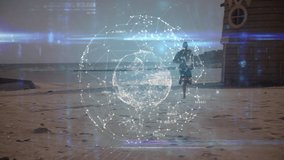 Animation of globe of connections over fit man running at beach. sport and competition concept digitally generated video.
