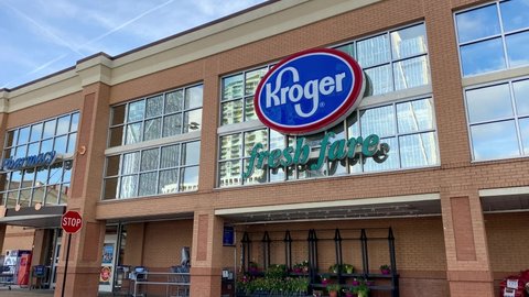 Atlanta, Georgia USA - March 21, 2020:  Zooming in on the exterior of the Buckhead Kroger grocery store in Atlanta, Georgia.