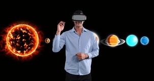 Animation of businessman wearing vr headset over equations and solar system. global astronomy, science, connections and technology concept digitally generated video.