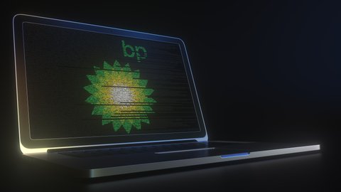 Portable computer with the logo of BP made with code strings, editorial conceptual 3d animation