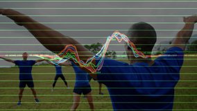 Animation of data processing over group of men and women exercising. sport and competition concept digitally generated video.