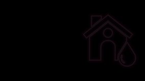 Glowing neon line House flood icon isolated on black background. Home flooding under water. Insurance concept. Security, safety, protection, protect concept. 4K Video motion graphic animation.