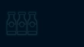 Glowing neon line Closed glass bottle with milk icon isolated on black background. 4K Video motion graphic animation .