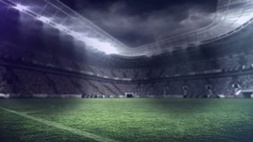 Animation of falling white spots over empty sports stadium. global sports, competition and science concept digitally generated video.