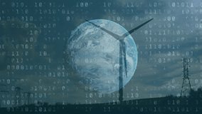 Animation of binary coding and financial data processing over wind turbine. global environment, green energy, digital interface and technology concept digitally generated video. - Powered by Shutterstock - Get 15% off with code: PIKWIZARD15