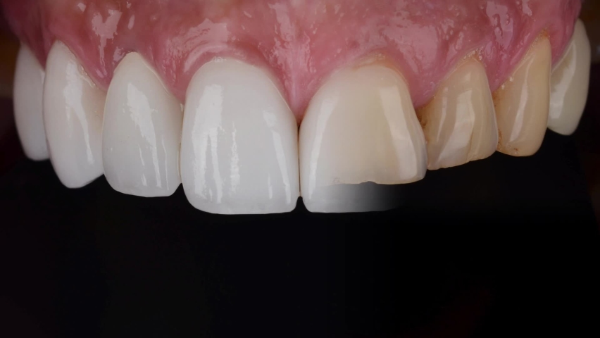 Smile make over changing yellow teeth to white teeth with ceramic veneers. | Shutterstock HD Video #1076472269