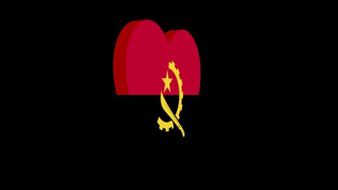 Angola flag in heart shape video. 3D animated rotating flag of Angola without background. Love Angola flag rendered in the alpha channel