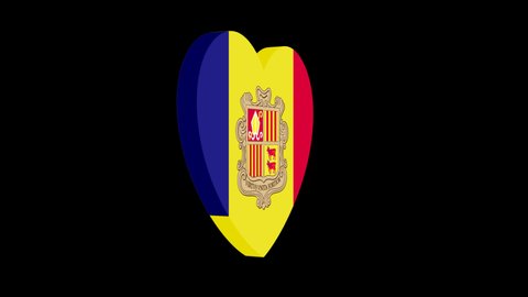 Andorra flag in heart shape video. 3D animated rotating flag of Andorra without background. Love Andorra flag rendered in the alpha channel